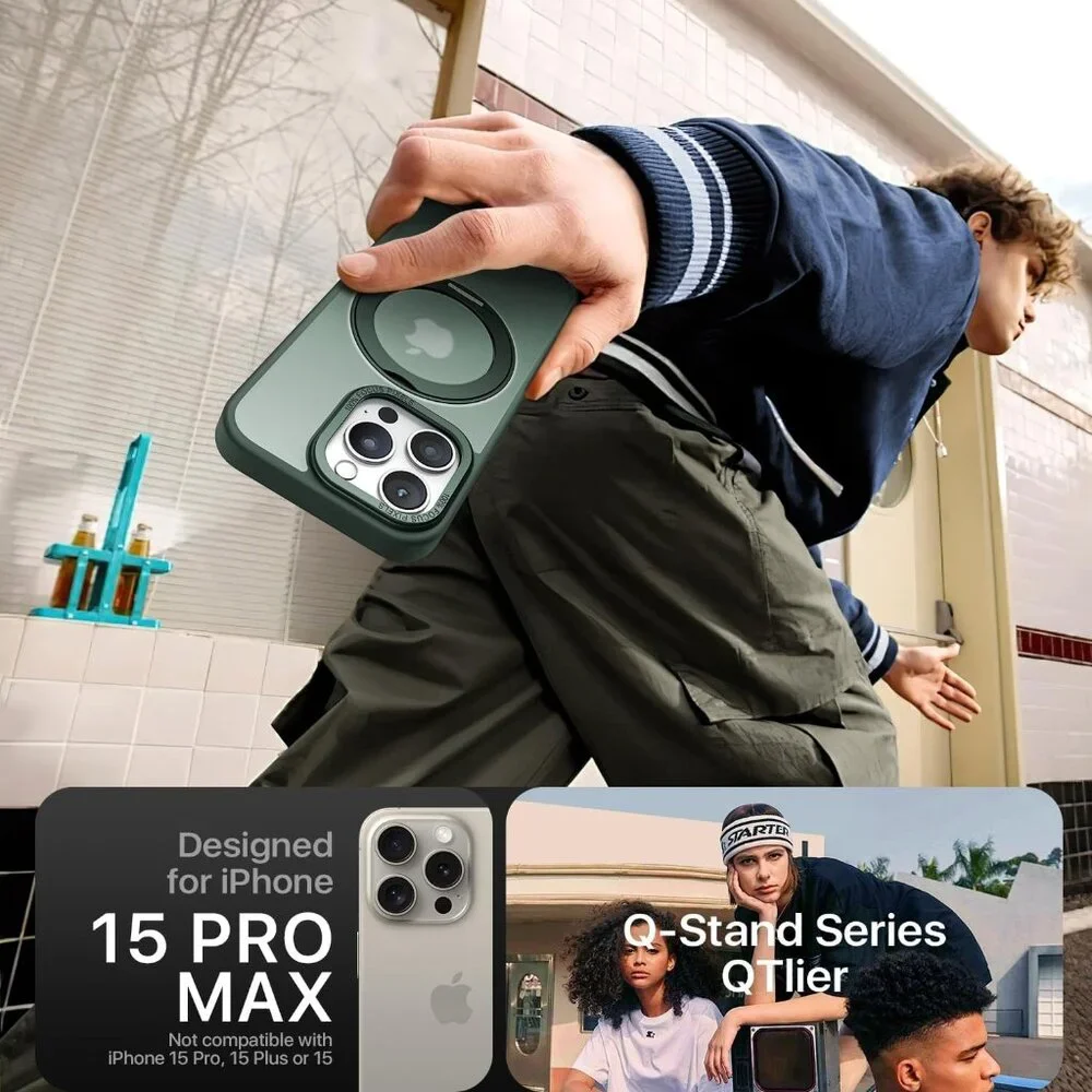 QTlier Green case iPhone 15 promax, 360 Rotatable Ring Stand, Raised Camera Fram